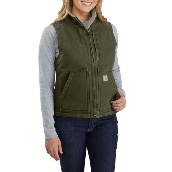 Carhartt Sandstone Washed Duck Sherpa Lined Vest Size Medium Green - Picture 6 of 17